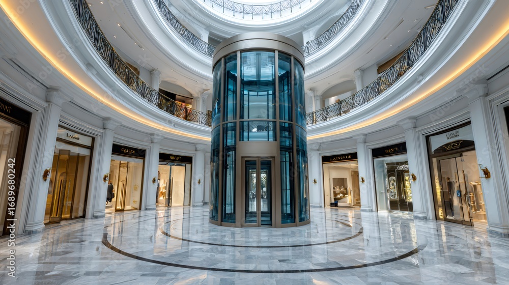 Obraz premium Modern glass elevator in luxury shopping mall with marble floor