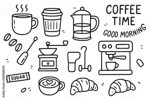 Coffee Doodle Icons. Coffee time doodle icon set: hand drawn icons of coffee mug, to-go cup, French press, espresso machine, beans