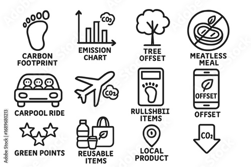 Carbon Footprint Icons. Carbon footprint doodle icon set: hand drawn icons of foot icon, emission chart, tree offset, meatless