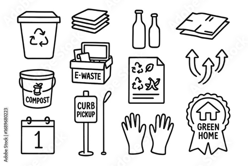 Home Recycling Icons. Recycling at home doodle icon set: hand drawn icons of recycling bins, paper stack, glass bottles, cardboard