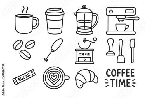 Coffee Doodle Icons. Coffee time doodle icon set: hand drawn icons of coffee mug, to-go cup, French press, espresso machine, beans