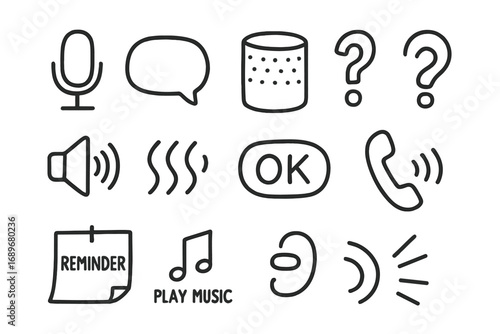 Voice Assistant Icons. Voice assistant doodle icon set: hand drawn icons of microphone icon, speech bubble, smart speaker,