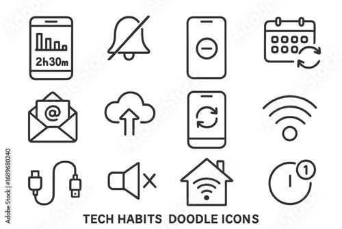 Tech Doodle Icons. Tech habits doodle icon set: hand drawn icons of screen time tracker, notification off, focus mode, calendar