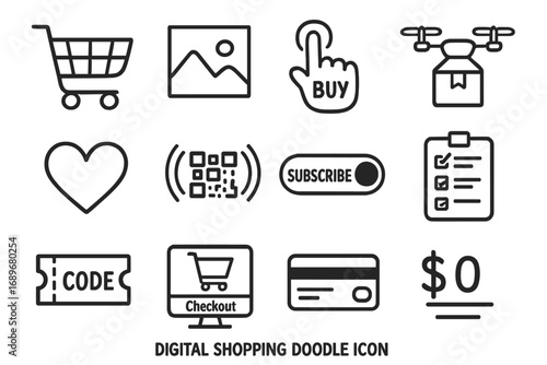 Digital Shopping Icons. Digital shopping doodle icon set: hand drawn icons of online cart, product image, one-click buy, delivery
