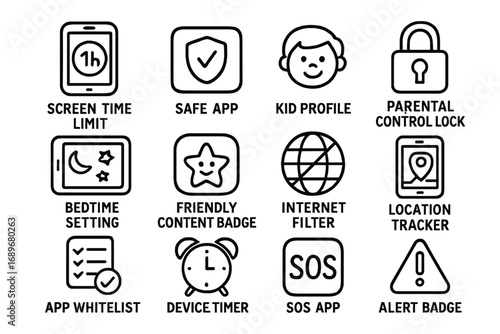 Digital Safety Icons. Digital safety for kids doodle icon set: hand drawn icons of screen time limit, safe app icon, kid profile,