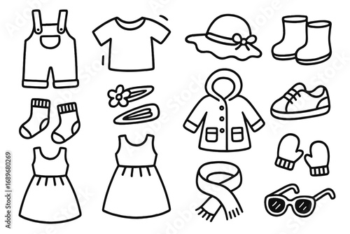 Kids Fashion Icons. Kids fashion doodle icon set: hand drawn icons of overalls, t-shirts, sun hats, boots, socks, hair clips,
