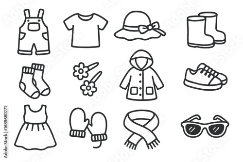 Kids Fashion Icons. Kids fashion doodle icon set: hand drawn icons of overalls, t-shirts, sun hats, boots, socks, hair clips,