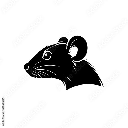 Vector illustration of a minimalist black and white rat head logo design. Modern animal emblem with clean lines, perfect for mascot, branding, or symbol.