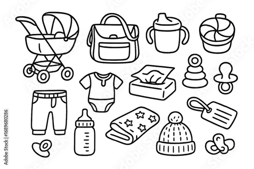 Childcare Essentials Doodle Icons. Childcare essentials doodle icon set: hand drawn icons of stroller, diaper bag, sippy cup,