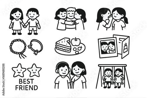 Kids Friendship Doodle Icons. Kids friendship doodle icon set: hand drawn icons of handholding kids, group hug, secret whisper,