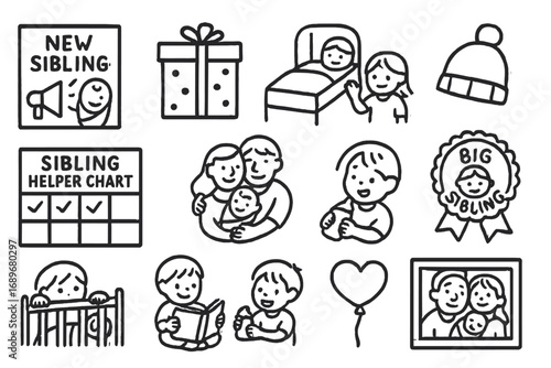 New Sibling Doodles. New sibling arrival doodle icon set: hand drawn icons of baby announcement, sibling gift, hospital visit,