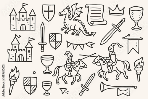Medieval Fair Doodles. Medieval fair: hand drawn doodles of castles, shields, swords, dragons, scrolls, knights, princess crowns,