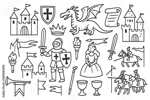 Medieval Fair Doodles. Medieval fair: hand drawn doodles of castles, shields, swords, dragons, scrolls, knights, princess crowns,