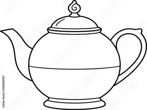 Teapot illustration, black and white drawing, vintage kitchenware, ornate handle, curved spout, dome lid, traditional design, line art, tea pot