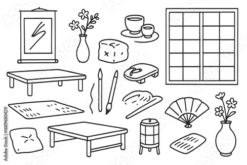 Tatami Room Elements. Tatami room: hand drawn doodles of low tables, teacups, rice paper walls, sliding doors, cushions, incense,