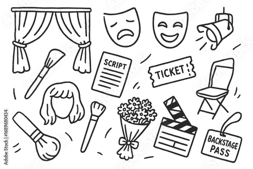 Theater Dreams Illustrations. Theater performance: hand drawn doodles of stage curtains, masks, scripts, spotlights, tickets,