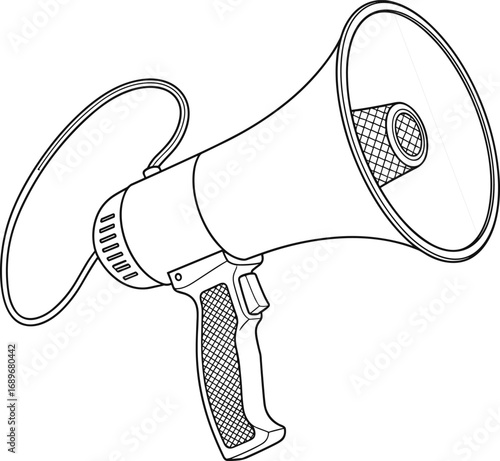 Handheld megaphone, black and white illustration, protest tool, emergency speaker, voice amplifier, vintage style, line art, communication device