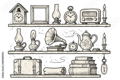 Antique Shop Doodles. Antique shop: hand drawn doodles of clocks, oil lamps, vintage radios, frames, gramophones, porcelain,
