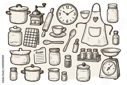Retro Kitchen Essentials. Vintage kitchen: hand drawn doodles of enamel pots, manual coffee grinders, rolling pins, glass jars,