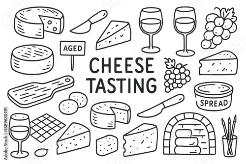 Cheese Tasting Doodles. Cheese tasting: hand drawn doodles of cheese wheels, crackers, grapes, wine glasses, knives, labels,