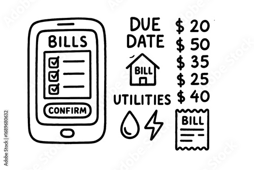 Bill Payment Doodles. Bill payment: hand drawn doodles of phone with bills, due date, checkboxes, list of amounts, confirm button,