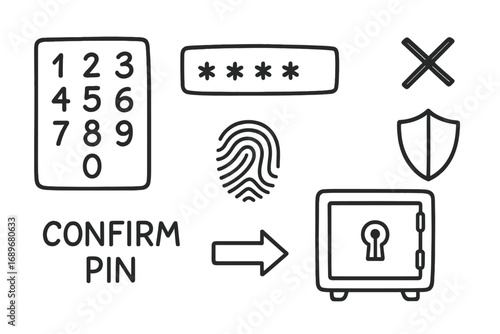 Secure PIN Setup. Secure PIN setup: hand drawn doodles of number pad, masked inputs, confirm pin, fingerprint option, secure box,