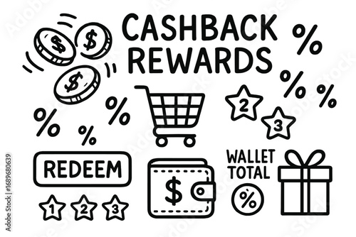 Cashback Rewards Doodles. Cashback rewards: hand drawn doodles of coins flying back, % signs, shopping icons, reward levels,