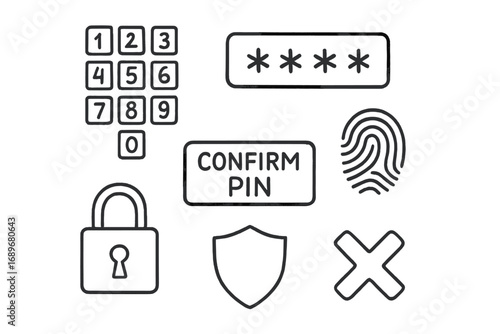Secure PIN Setup. Secure PIN setup: hand drawn doodles of number pad, masked inputs, confirm pin, fingerprint option, secure box,
