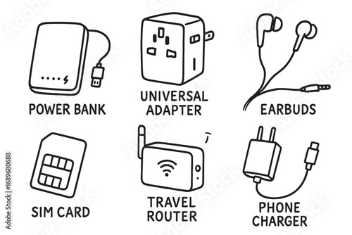 Tech Travel Essentials. Tech-savvy travel kit: hand drawn doodles of power bank, universal adapter, earbuds, SIM card, travel