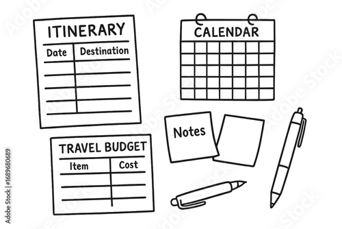 Travel Planning Doodles. Travel planner tools: hand drawn doodles of itinerary page, calendar, sticky notes, travel budget sheet,