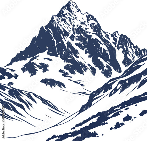 A high-angle view of a serene winter mountain landscape with snow-capped peaks against a clear sky