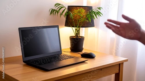 Wallpaper Mural Laptop Setup: Workspace with Plant, Mouse, and Hand Interaction Torontodigital.ca