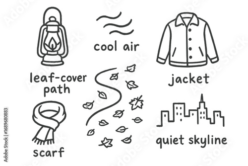 Evening Walk Doodles. Evening walk: hand drawn doodles of lantern, cool air, leaf-covered path, jacket, scarf, and quiet skyline.