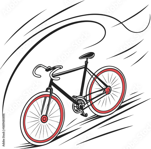 Isolated vector bicycle icon featuring a vintage black mountain bike with red wheels and seat on a white background