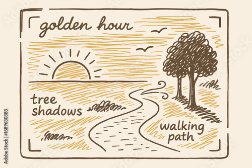 Golden Hour Doodles. Golden hour: hand drawn doodles of low sun, golden sky, tree shadows, breeze, camera frame, and walking path.
