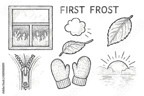First Frost Doodles. First frost: hand drawn doodles of iced window, breath cloud, frosty leaf, coat zipper, warm mittens, and