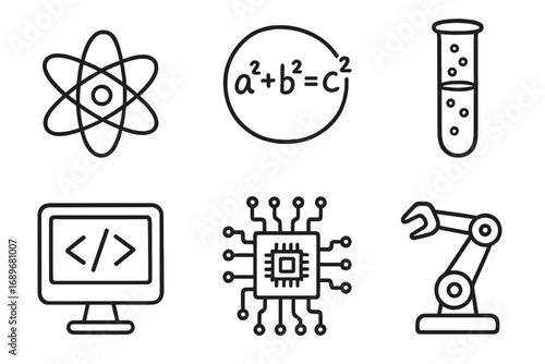 STEM Doodles. STEM education: hand drawn doodles of atom symbol, math formula, lab tube, computer code, circuit board, and robot