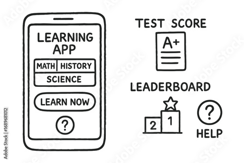 Educational App Doodle. Learning app interface: hand drawn doodles of mobile screen, subject tabs, learn now button, test score,