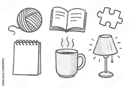 Peaceful Hobby Essentials. Quiet hobby time: hand drawn doodles of knitting yarn, book page, puzzle piece, sketch pad, tea mug,