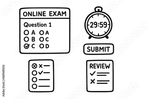 Online Exam Elements. Online exam: hand drawn doodles of question box, countdown timer, submit button, multiple choice, answer