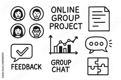 Collaborative Project Elements. Online group project: hand drawn doodles of avatars, shared doc, timeline chart, group chat,