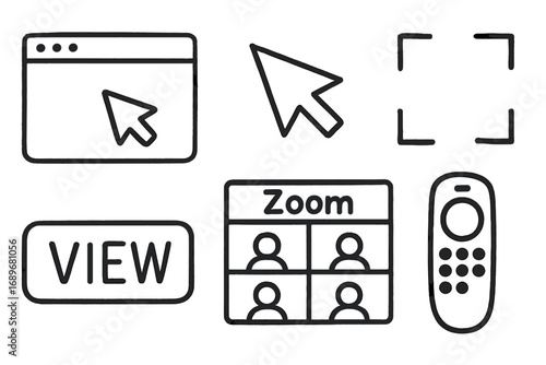 Doodle Screen Sharing Icons. Screen sharing: hand drawn doodles of shared tab, pointer arrow, fullscreen icon, view button, Zoom