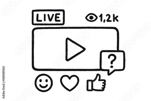 Live Stream Doodles. Live stream class: hand drawn doodles of video frame, play icon, viewers count, emoji reactions, question