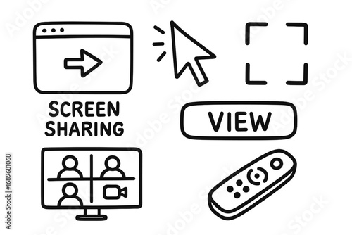 Doodle Screen Sharing Icons. Screen sharing: hand drawn doodles of shared tab, pointer arrow, fullscreen icon, view button, Zoom