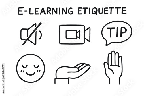 E-Learning Etiquette Doodles. E-learning etiquette: hand drawn doodles of mute icon, camera on sign, polite emoji, waiting hand,
