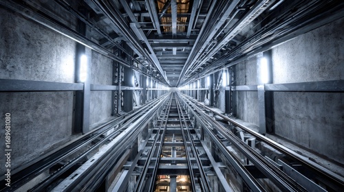 Elevator shaft showing metal rails and concrete walls