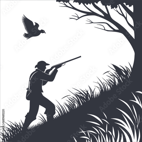 A spooky Halloween vector illustration features a silhouette of a witch with a rifle