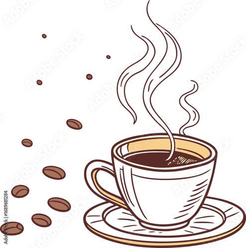 Brown hot mocha coffee drink in a ceramic cup with roasted coffee beans and steam