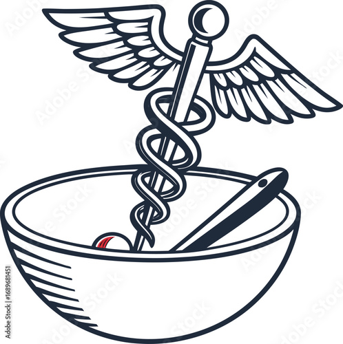 Vector caduceus medical symbol with a gold snake and wings, isolated on a white background, representing medicine, pharmacy, and healthcare