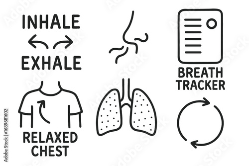 Breathing Doodles. Breathwork and calm: hand drawn doodles of inhale-exhale symbols, nose breathing, breath tracker, relaxed chest